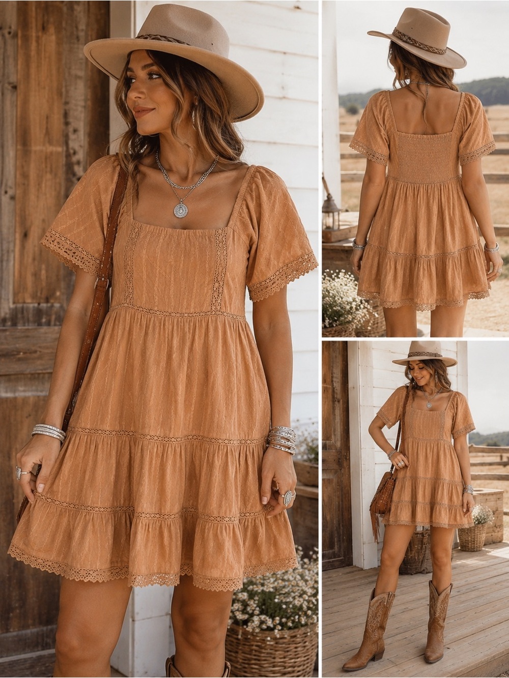 American Eagle Boho Mini Dress | Tan | Lace Trim | Size Small
